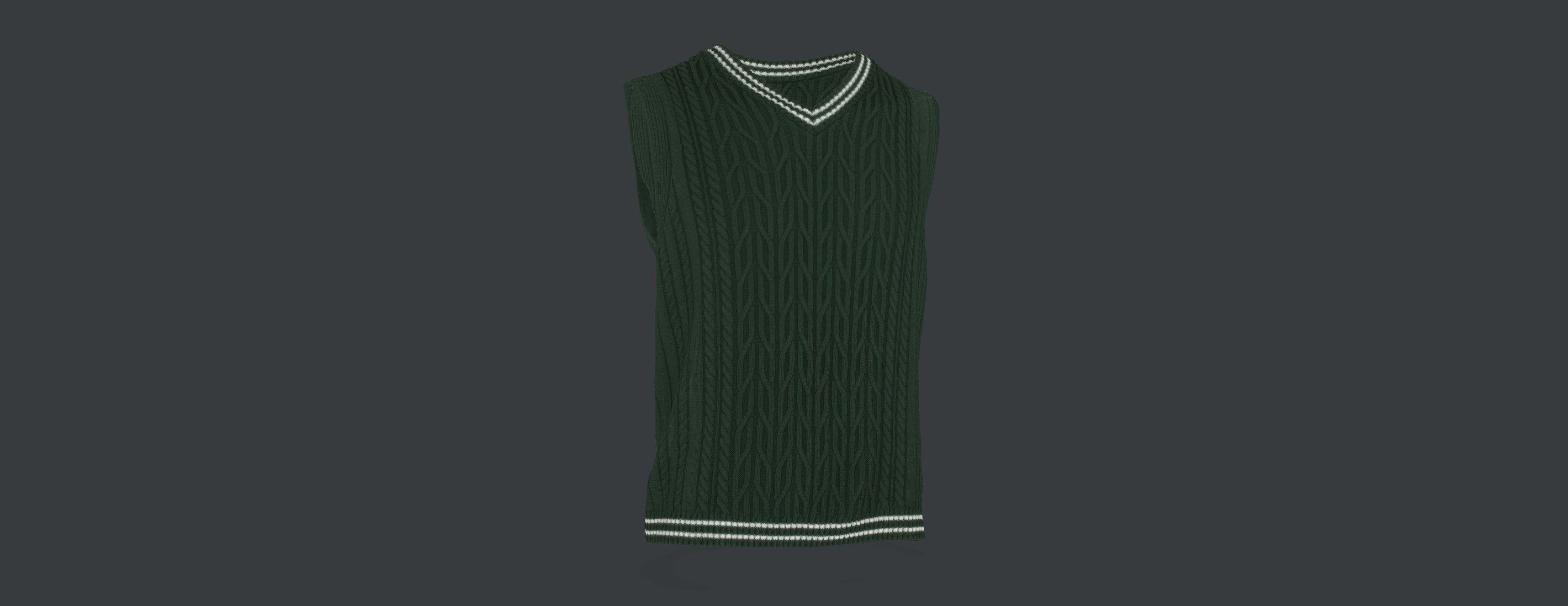 The green cable-knit vest with white stripes, shown as a photographic 3D capture